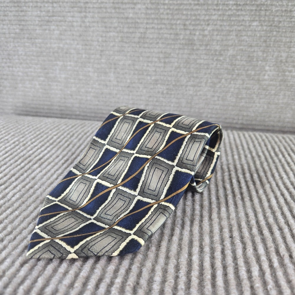 Fenzia Mens Navy Blue Grey Gold Geometric Silk Hand Sewn Necktie